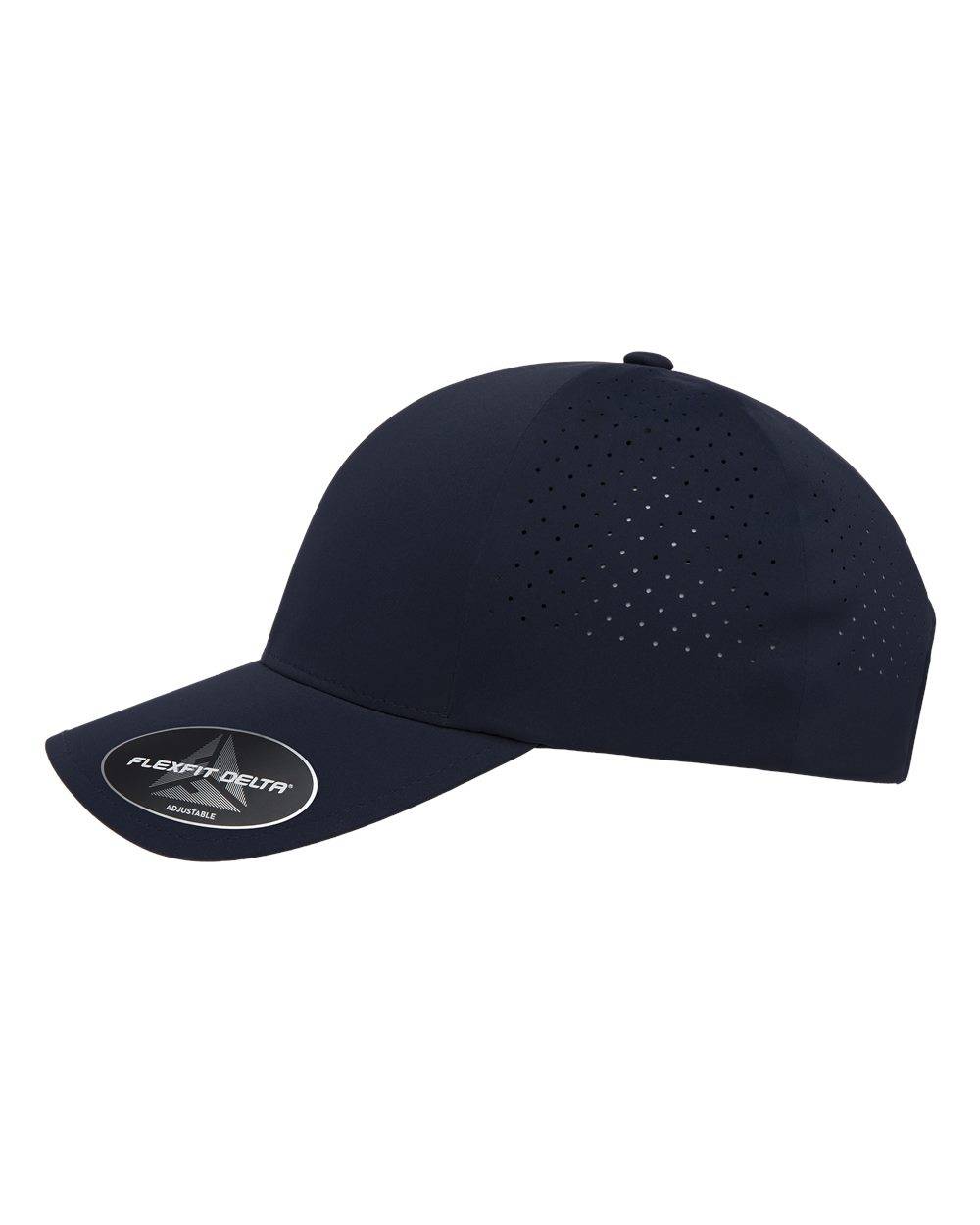 Delta 180 Navy perforated back snapback hat with custom leather patches made in Alberta