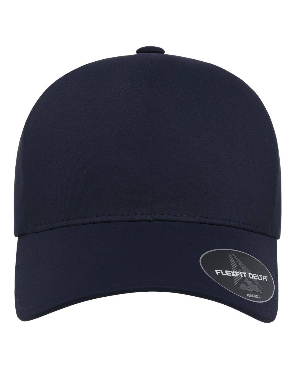 Delta 180 Navy perforated back snapback hat with custom leather patches made in Alberta