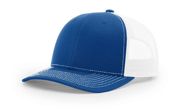 Royal and White Richardson trucker hats with custom leather patches Canada
